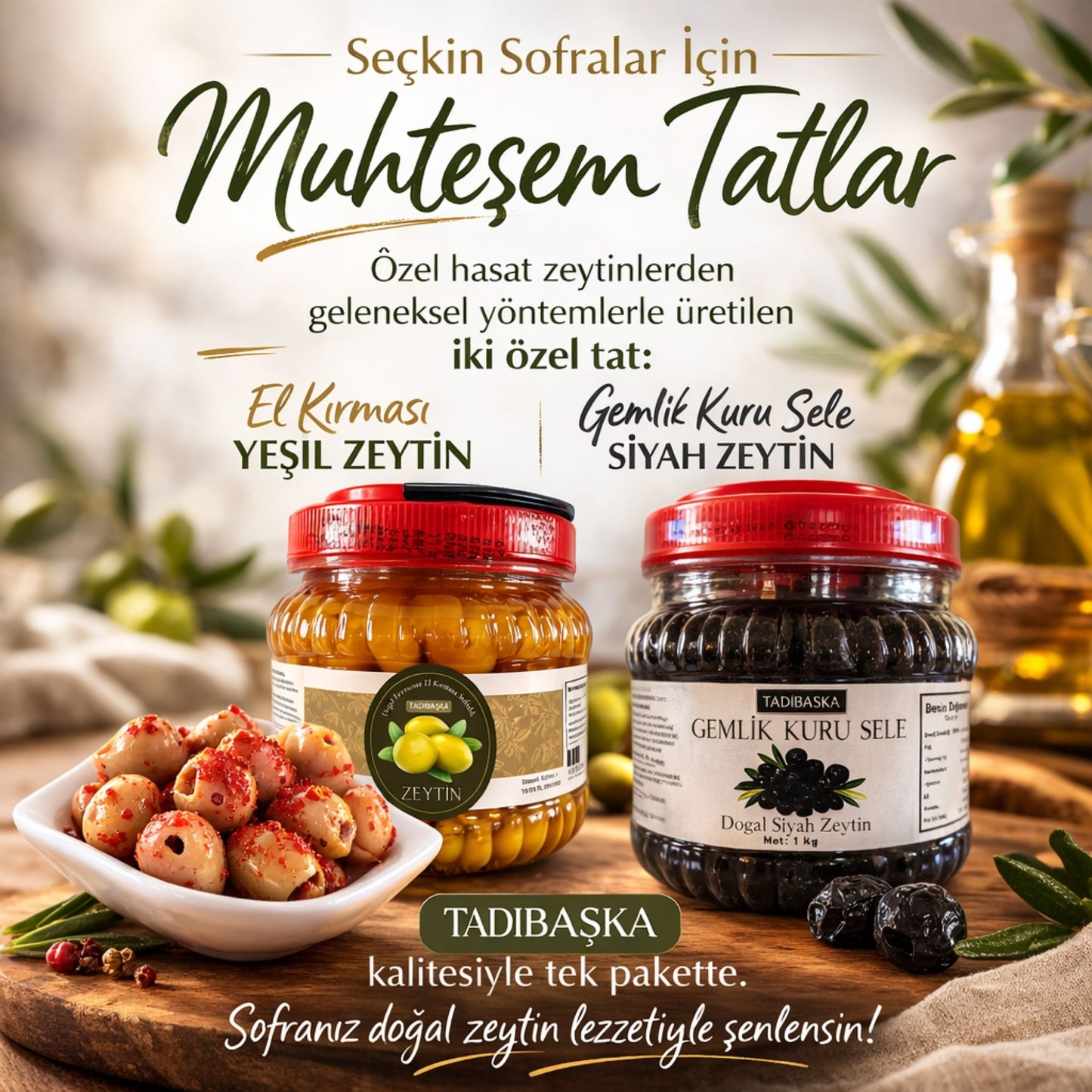 Tadıbaşka İkisi Bir Arada Geleneksel Zeytin Paketi (1 Kg Kırma Yeşil + 1 Kg Gemlik Kuru Sele Siyah Zeytin) Katkısız Doğal Fermente 2 Kg