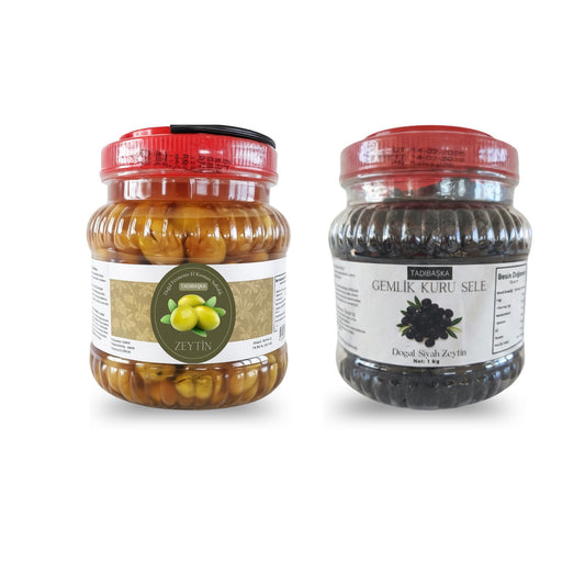 İkisi Bir Arada Zeytin Paketi, Kırma Yeşil ve Gemlik Kuru Sele Siyah Zeytin Bir Arada