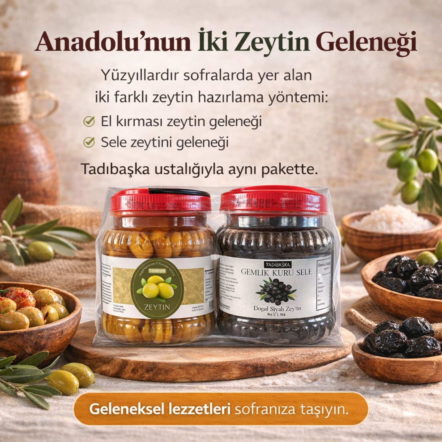 Tadıbaşka İkisi Bir Arada Geleneksel Zeytin Paketi (1 Kg Kırma Yeşil + 1 Kg Gemlik Kuru Sele Siyah Zeytin) Katkısız Doğal Fermente 2 Kg