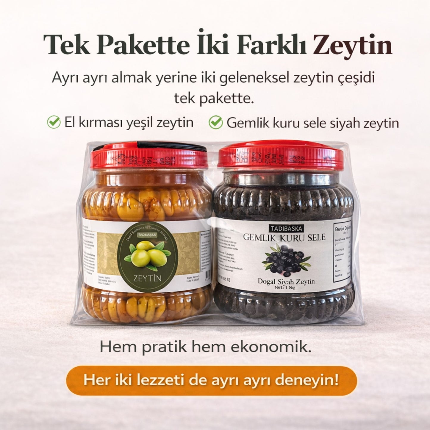Tadıbaşka İkisi Bir Arada Geleneksel Zeytin Paketi (1 Kg Kırma Yeşil + 1 Kg Gemlik Kuru Sele Siyah Zeytin) Katkısız Doğal Fermente 2 Kg