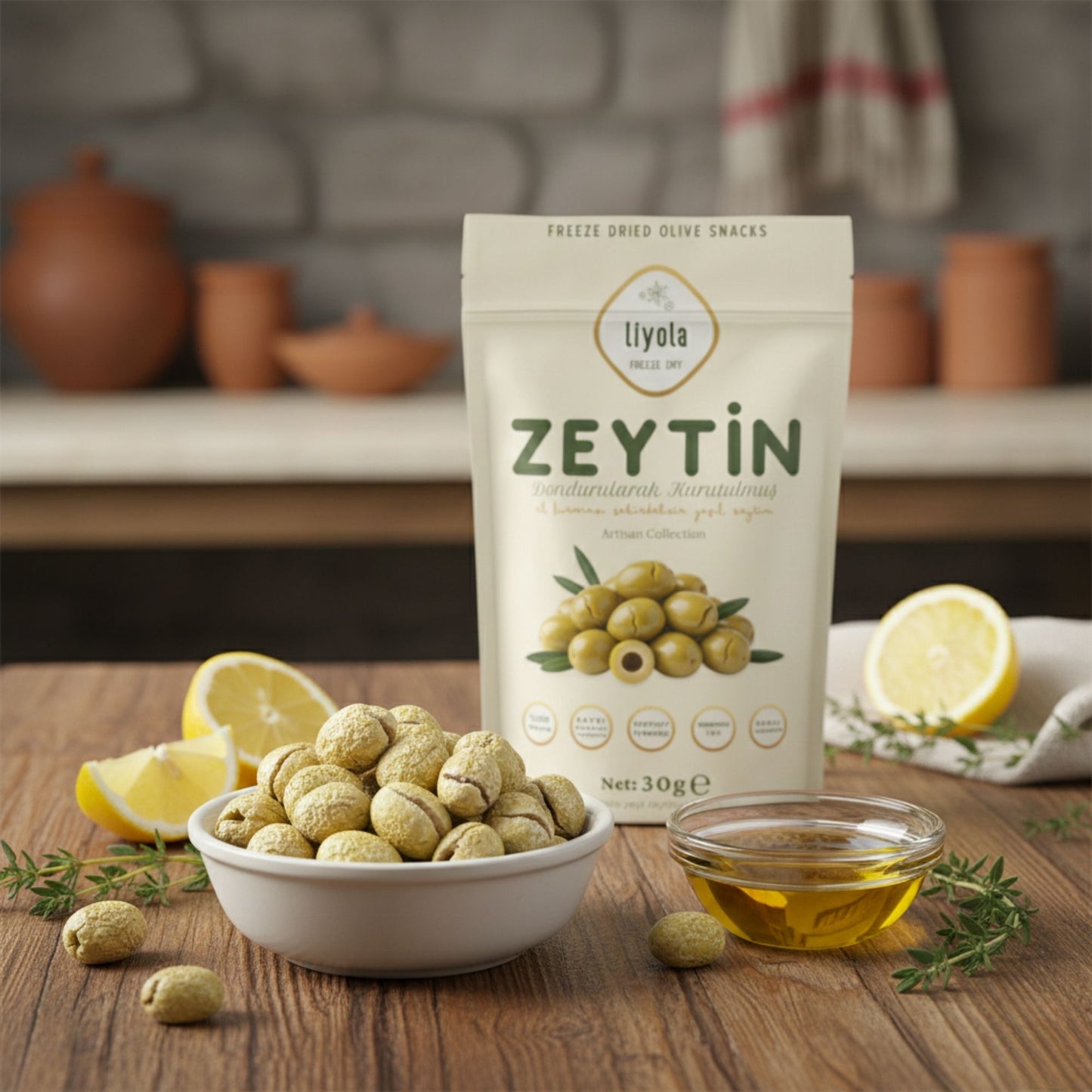 Liyola Artisan Collection | Dondurularak Kurutulmuş El Kırması Çekirdeksiz Yeşil Zeytin