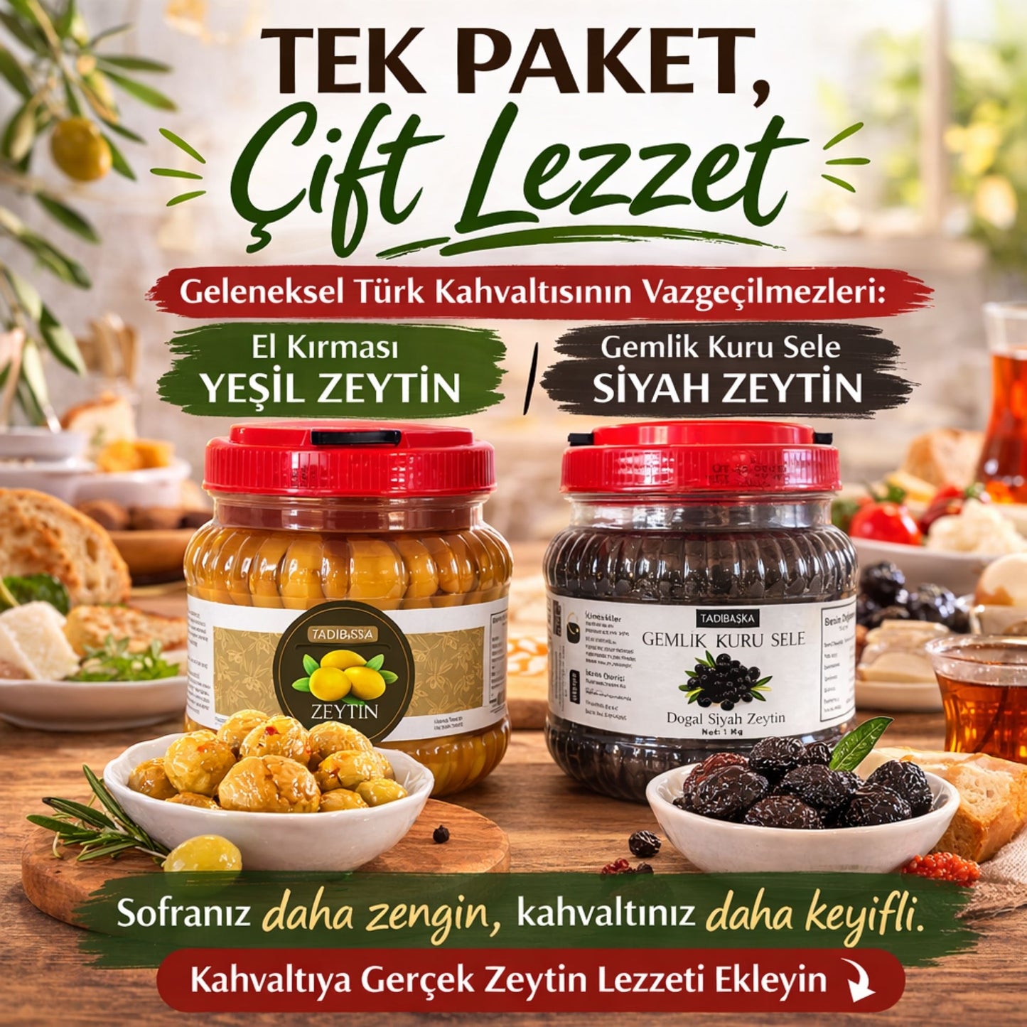 Tadıbaşka İkisi Bir Arada Geleneksel Zeytin Paketi (1 Kg Kırma Yeşil + 1 Kg Gemlik Kuru Sele Siyah Zeytin) Katkısız Doğal Fermente 2 Kg
