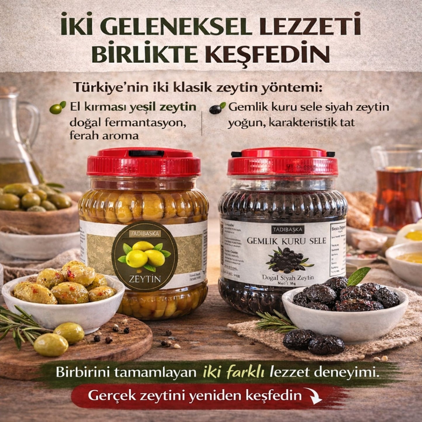 Tadıbaşka İkisi Bir Arada Geleneksel Zeytin Paketi (1 Kg Kırma Yeşil + 1 Kg Gemlik Kuru Sele Siyah Zeytin) Katkısız Doğal Fermente 2 Kg
