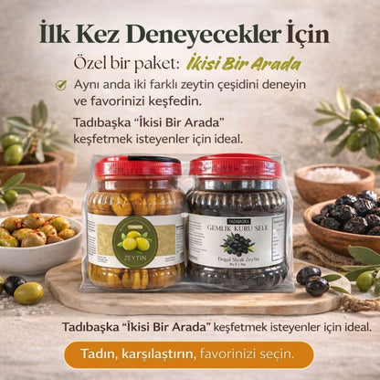 Tadıbaşka İkisi Bir Arada Geleneksel Zeytin Paketi (1 Kg Kırma Yeşil + 1 Kg Gemlik Kuru Sele Siyah Zeytin) Katkısız Doğal Fermente 2 Kg